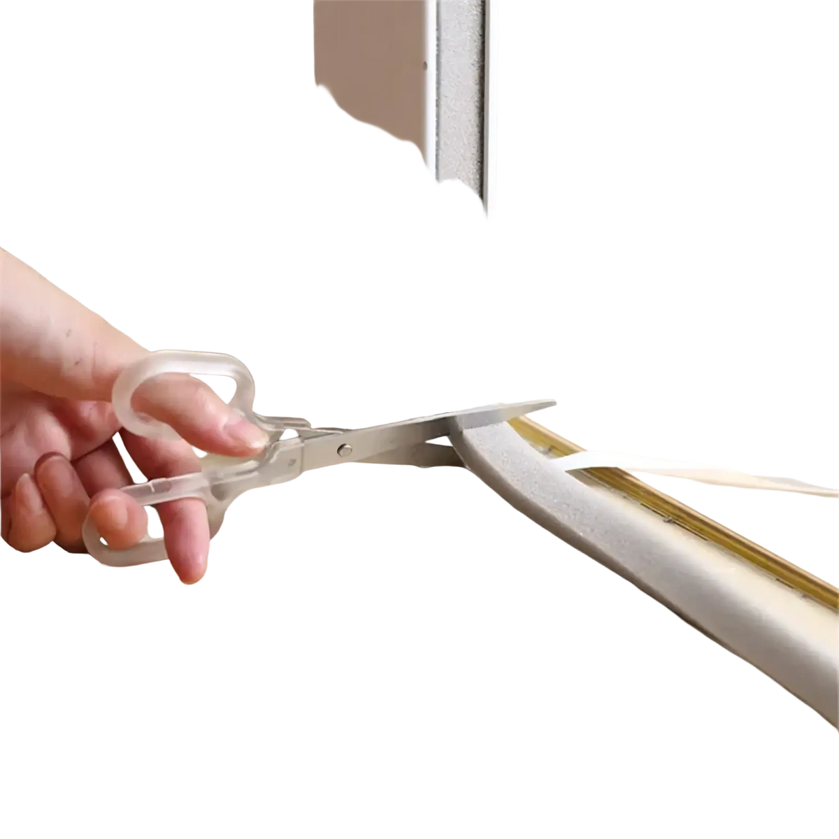 Clear plastic-handled scissors cutting white foam soundproof weather stripping tape 2m with metallic blades