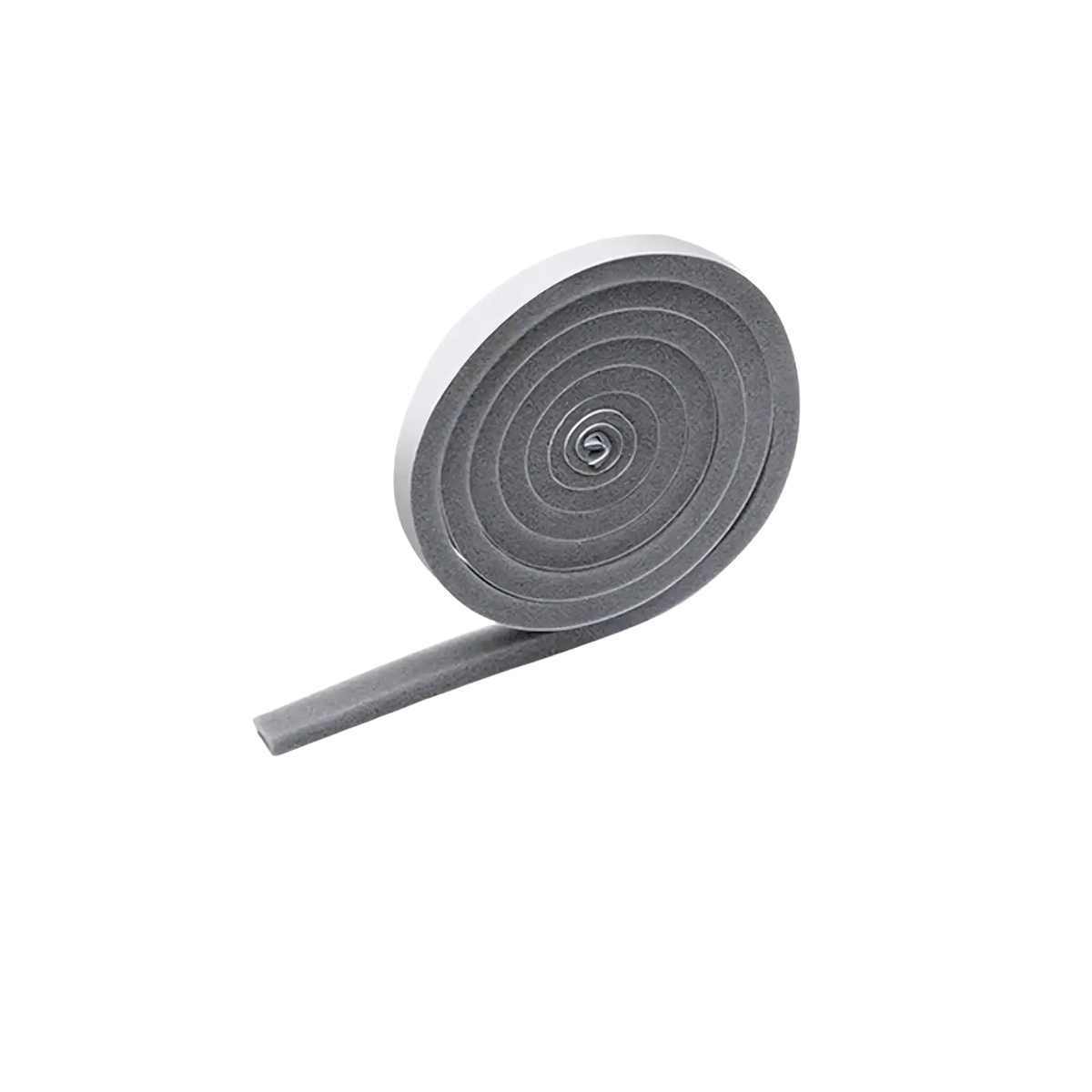 A coiled gray foam soundproof weather stripping tape with white adhesive backing and 15mm width measuring 2m