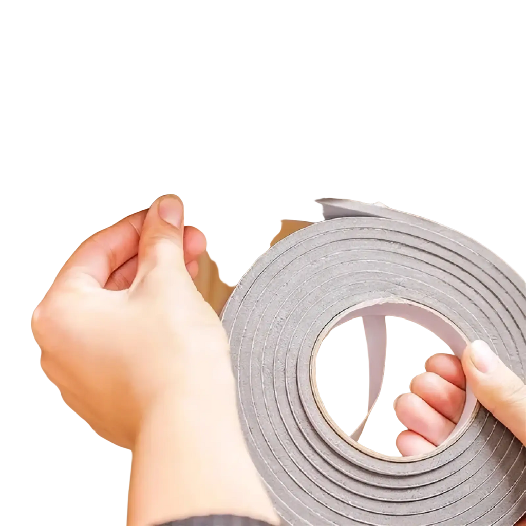 Gray foam soundproof weather stripping tape double-sided adhesive strip being applied to a countertop edge