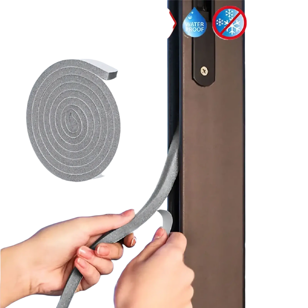 Gray foam soundproof weather stripping tape 2m shown being installed around a door frame for sealing and insulation