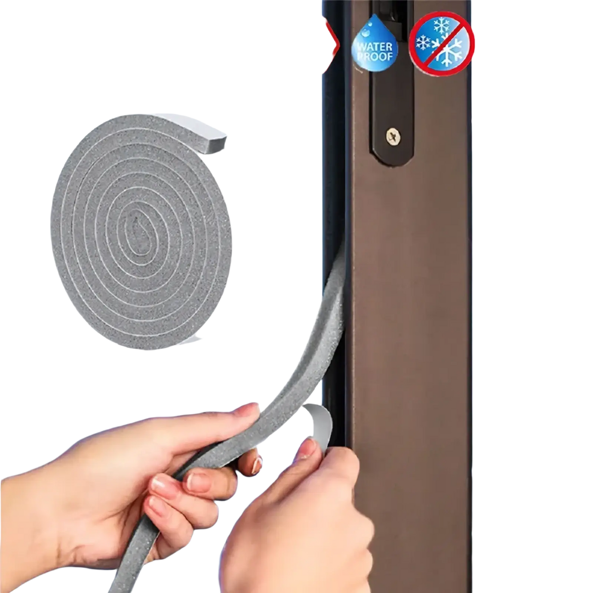 Gray foam soundproof weather stripping tape 2m shown being installed around a door frame for sealing and insulation