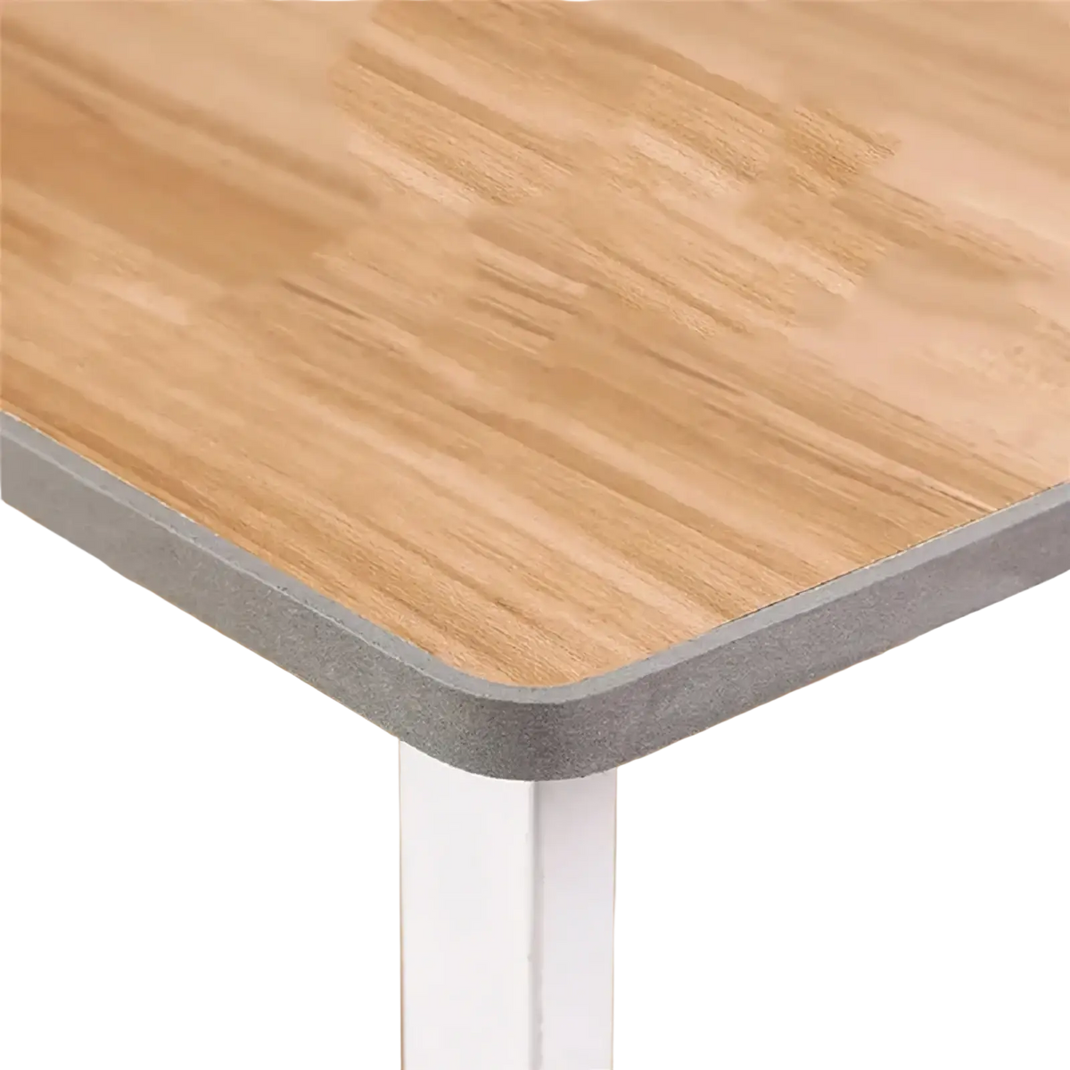 A modern desk with light wood-grain surface and gray edge trim supported by white legs for foam soundproof weather stripping tape use