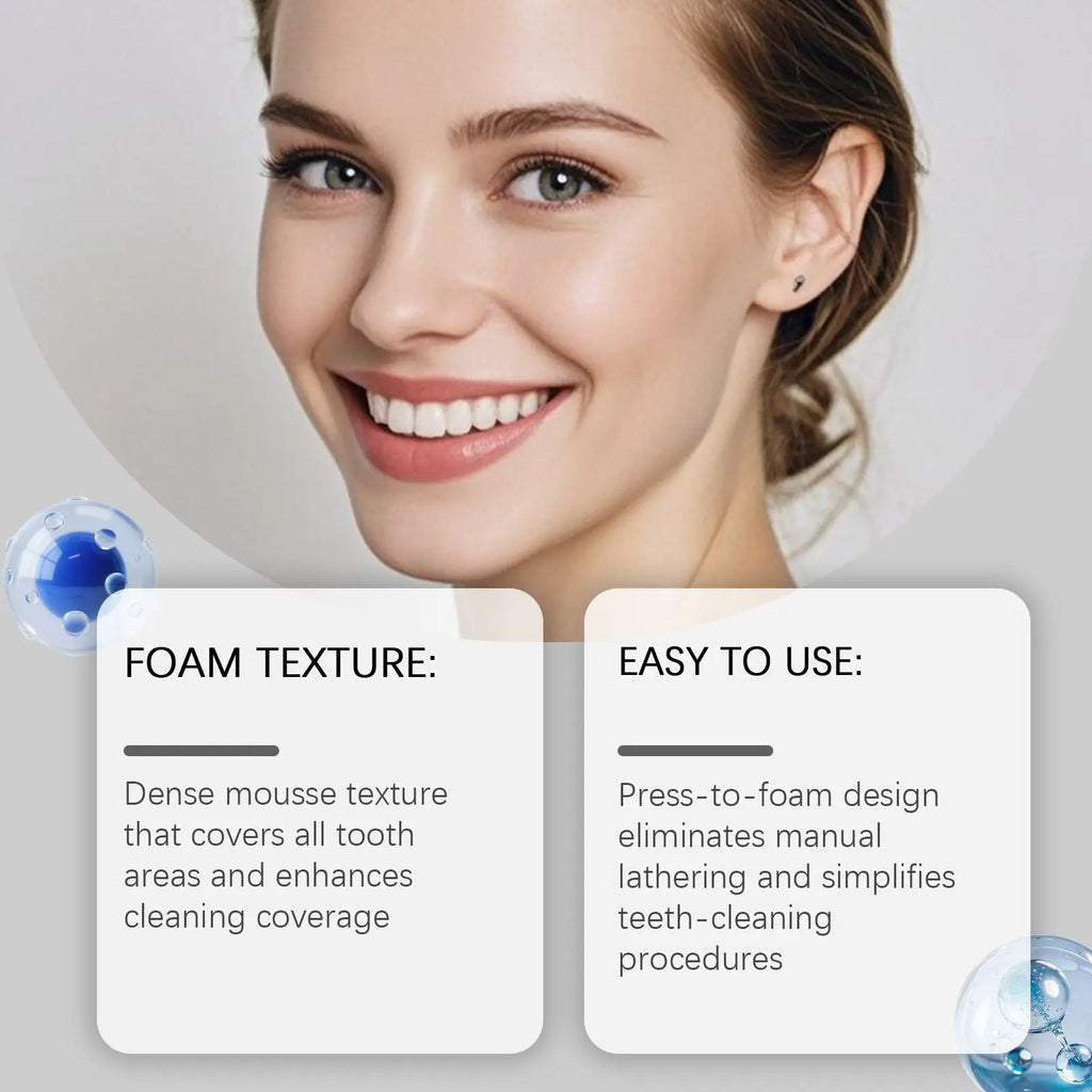 A blue foam toothpaste simply white mousse pump dispenser with dense mousse texture for enhanced cleaning coverage