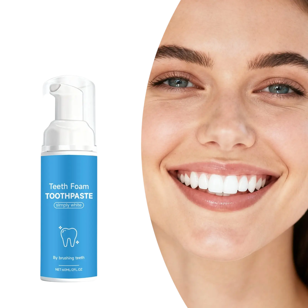 A sleek blue and white foam toothpaste bottle with pump dispenser labeled teeth foam toothpaste simply white