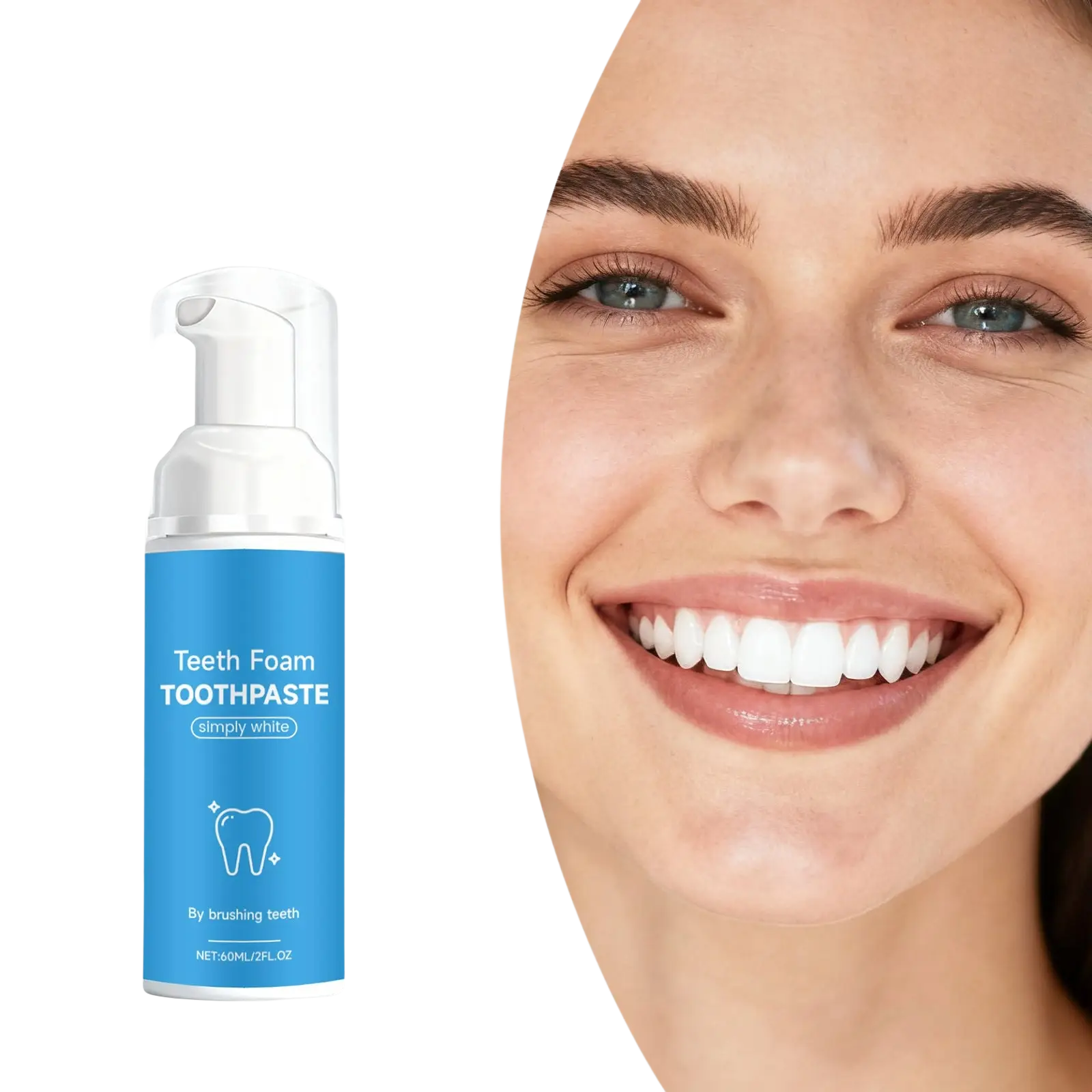 A sleek blue and white foam toothpaste bottle with pump dispenser labeled teeth foam toothpaste simply white