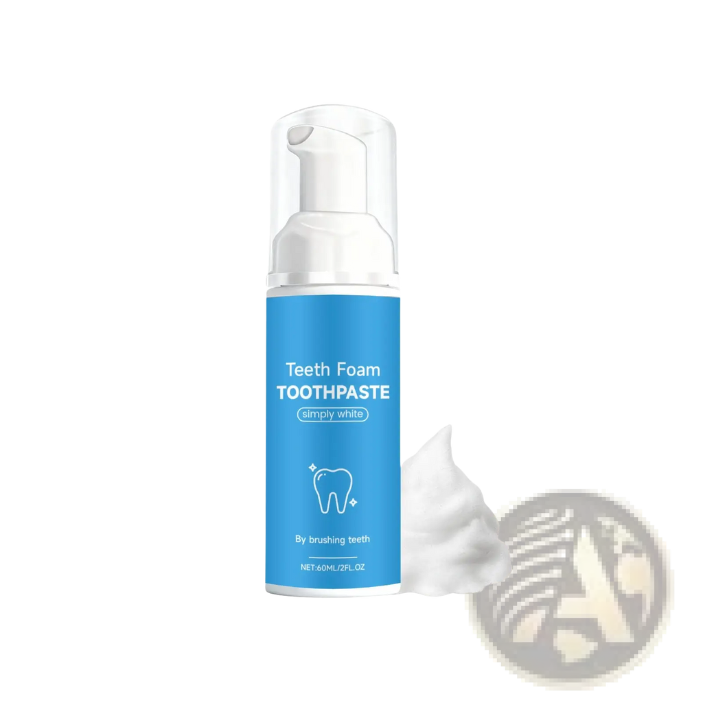 A sleek blue bottle of foam toothpaste simply white mousse with a white pump dispenser and foamy paste beside it