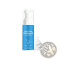 A sleek blue bottle of foam toothpaste simply white mousse with a white pump dispenser and foamy paste beside it