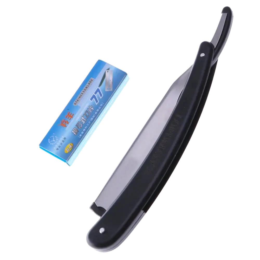 Black-handled fold razor 14cm with polished stainless steel blade and blue-packaged replacement blades for precise shaving