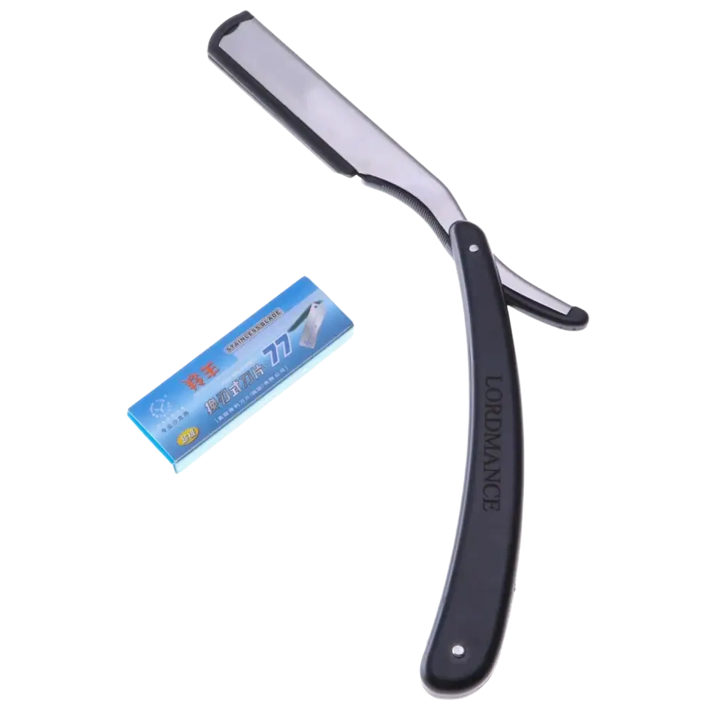Black-handled lordmance fold razor with 14cm polished stainless steel blade and 10 replacement blades for men