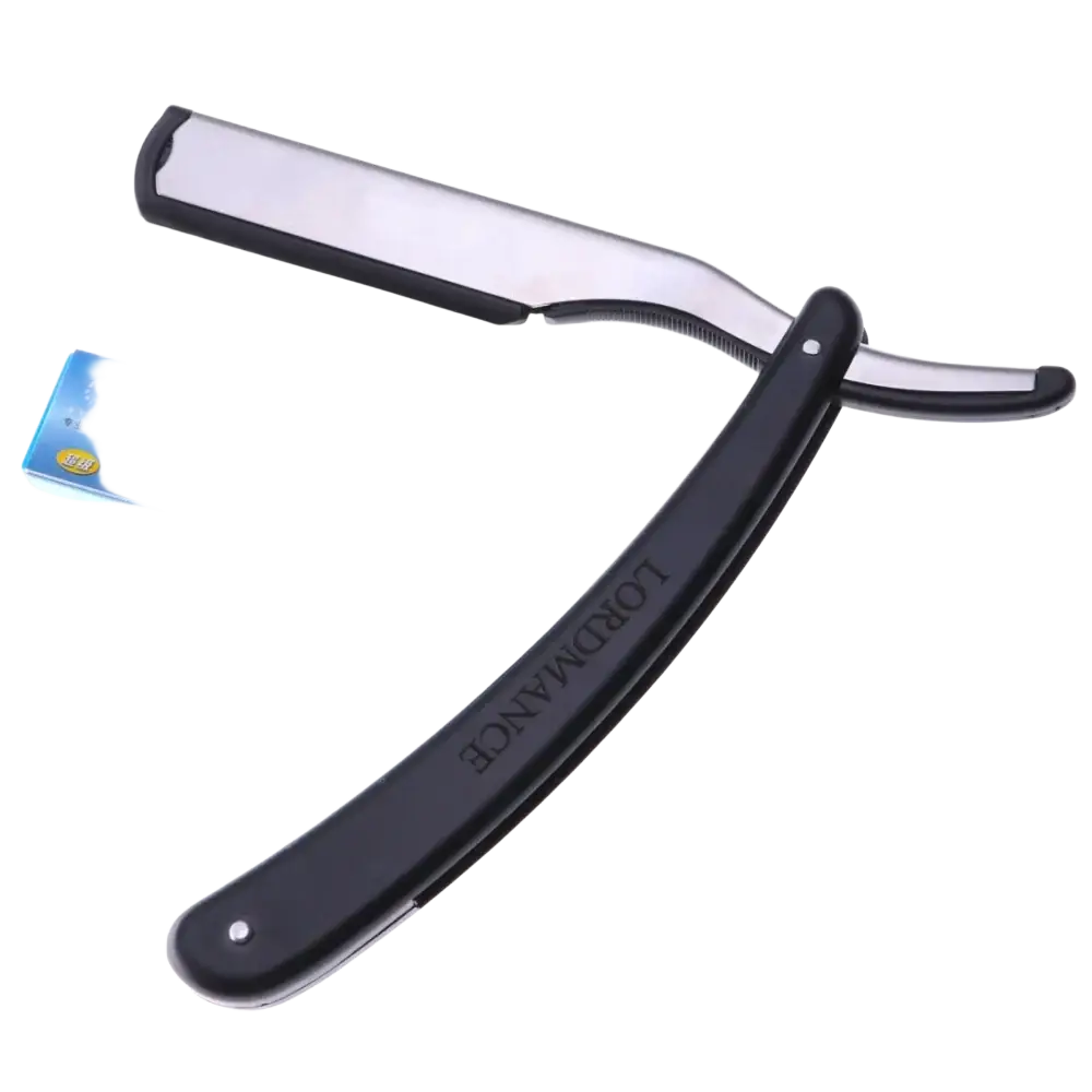 Black-handled fold razor with stainless steel blade branded lordmance featuring razor length 14cm for men’s shaving
