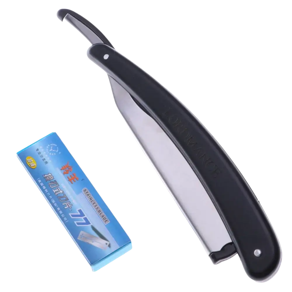Black plastic-handled fold razor with polished stainless steel blade and blue replacement blades box razor length 14cm