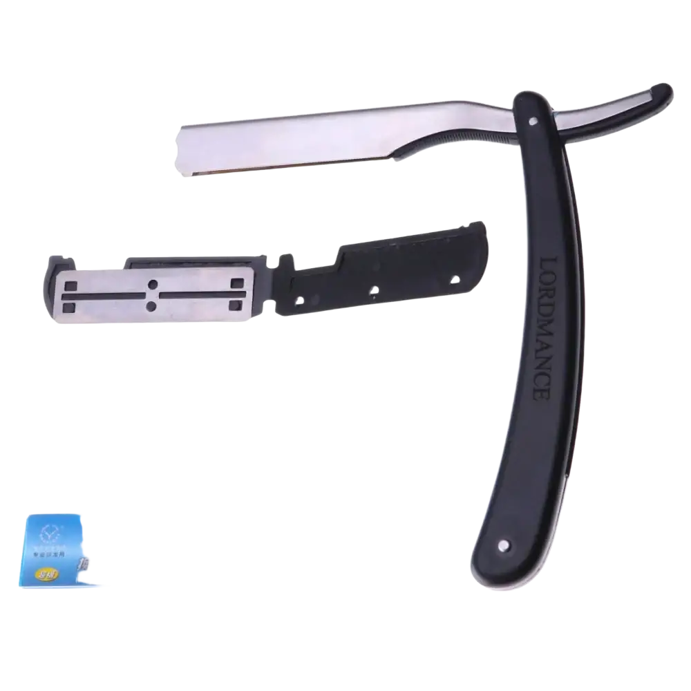 Black lord mance fold razor 14cm stainless steel blade with matching replacement blades in blue package for men