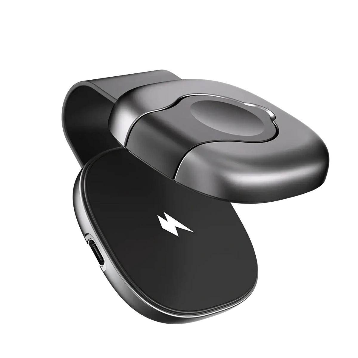 Foldable 3-in-1 magnetic wireless charger clip in black with sleek metallic finish and white lightning bolt logo