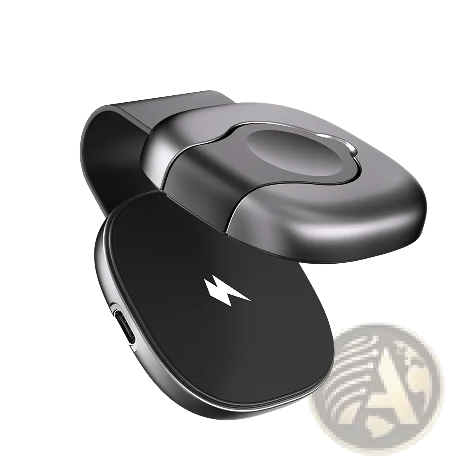 Foldable 3-in-1 magnetic wireless charger clip in black with sleek metallic finish and white lightning bolt logo