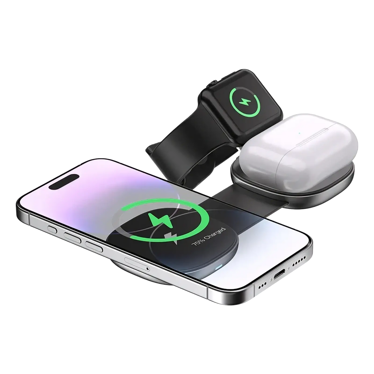 Black foldable 3-in-1 magnetic wireless charger with three slots for phone watch and earbuds charging