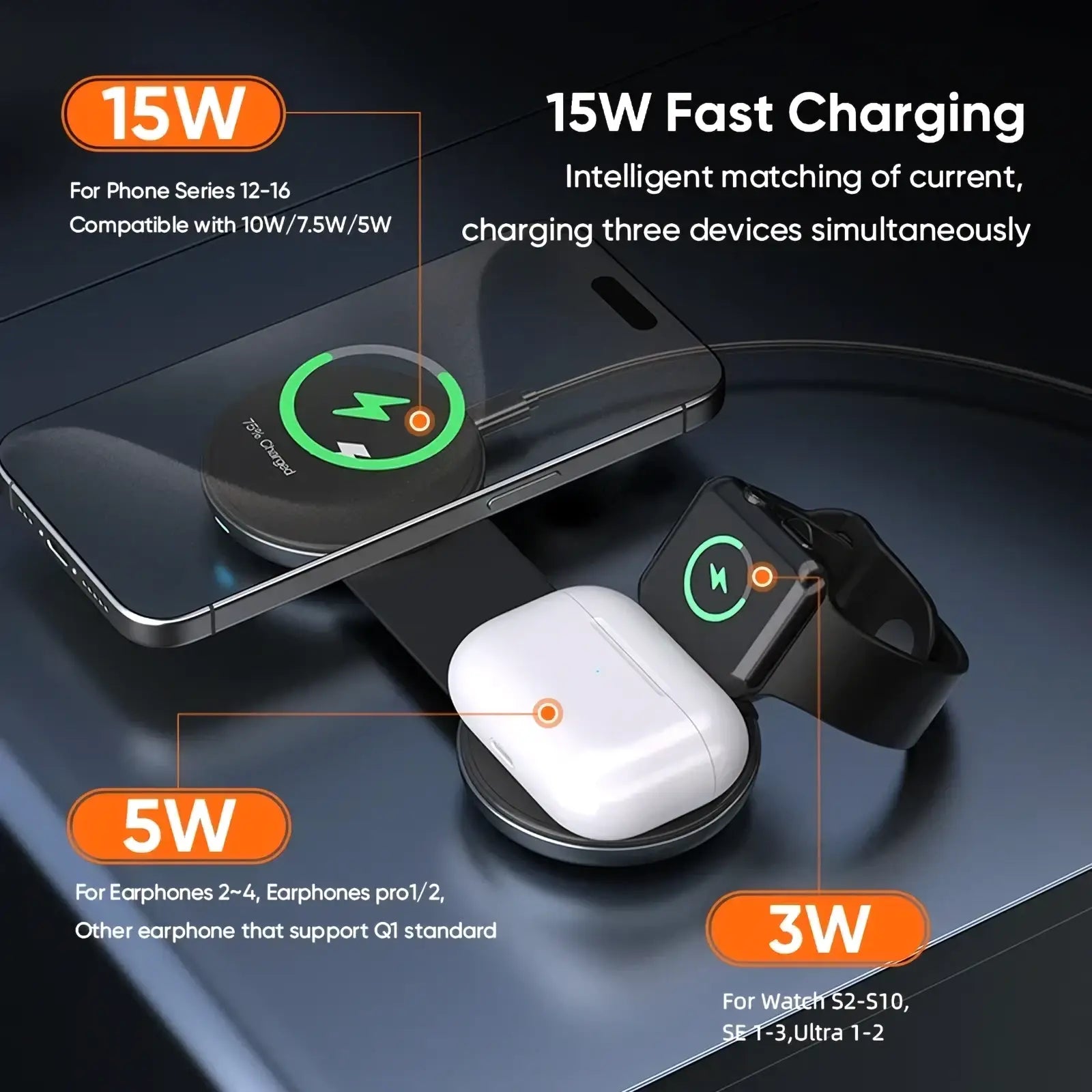Foldable 3-in-1 magnetic wireless charger in black with three circular charging zones for multiple devices