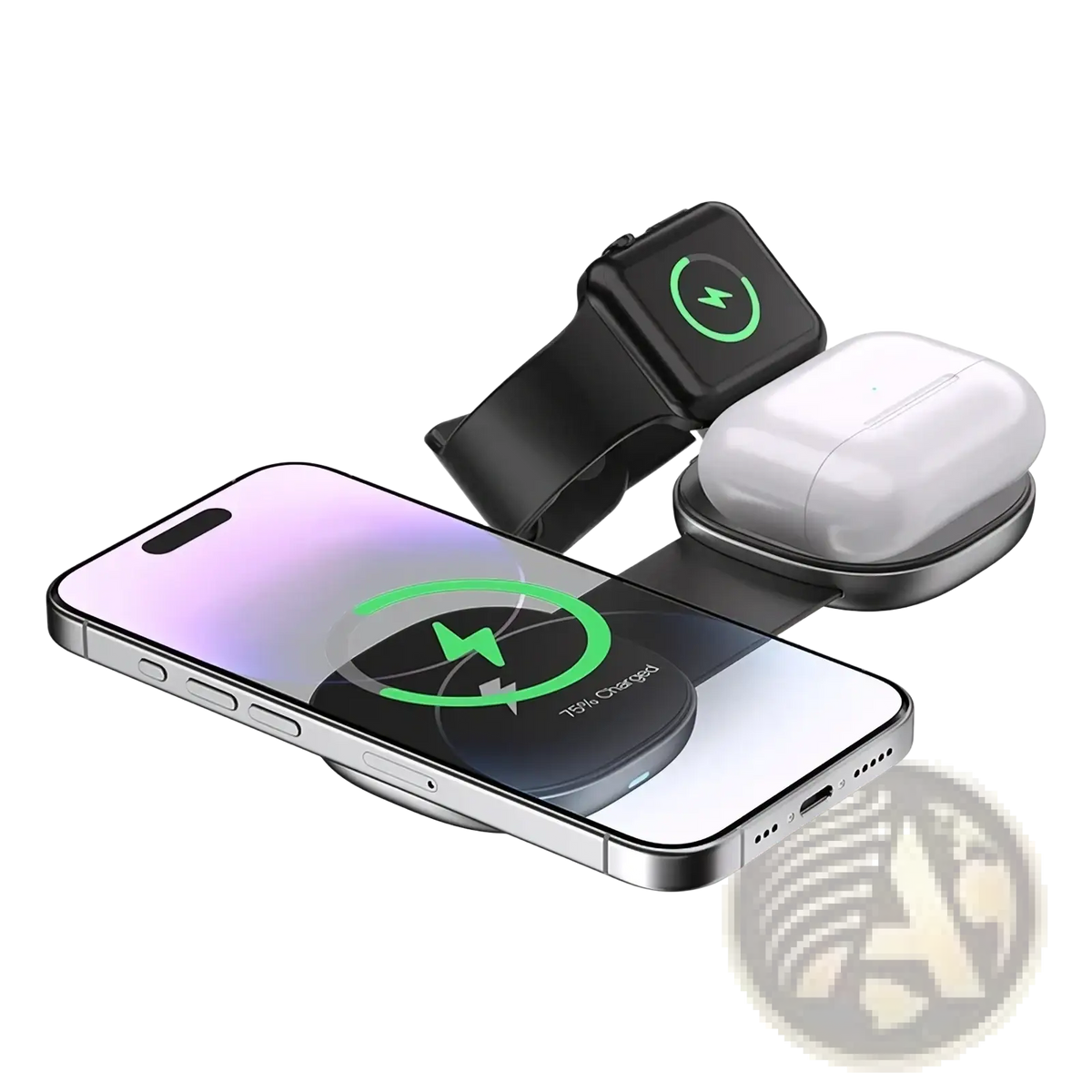 Black foldable 3-in-1 magnetic wireless charger with three slots for phone watch and earbuds charging