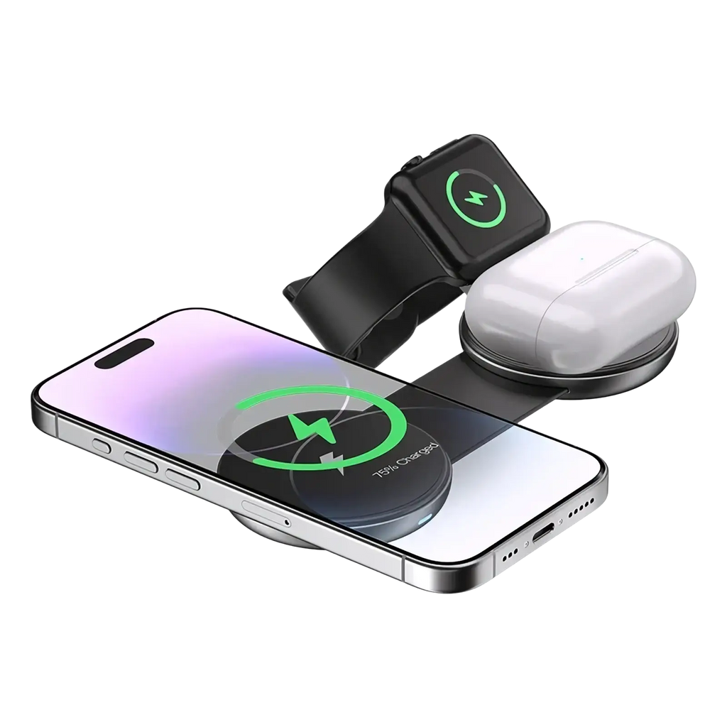Foldable 3-in-1 magnetic wireless charger in black with three slots for phone watch and earbuds charging station