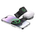 Foldable 3-in-1 magnetic wireless charger in black with three slots for phone watch and earbuds charging station