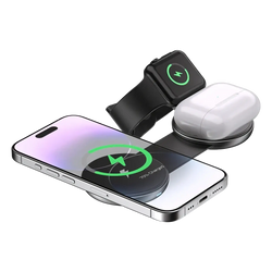 Foldable 3-in-1 magnetic wireless charger in black with three slots for phone watch and earbuds charging station