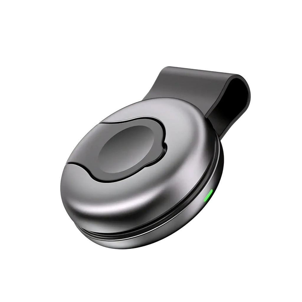 Foldable 3-in-1 magnetic wireless charger clip-on device in matte black and silver with green led indicator