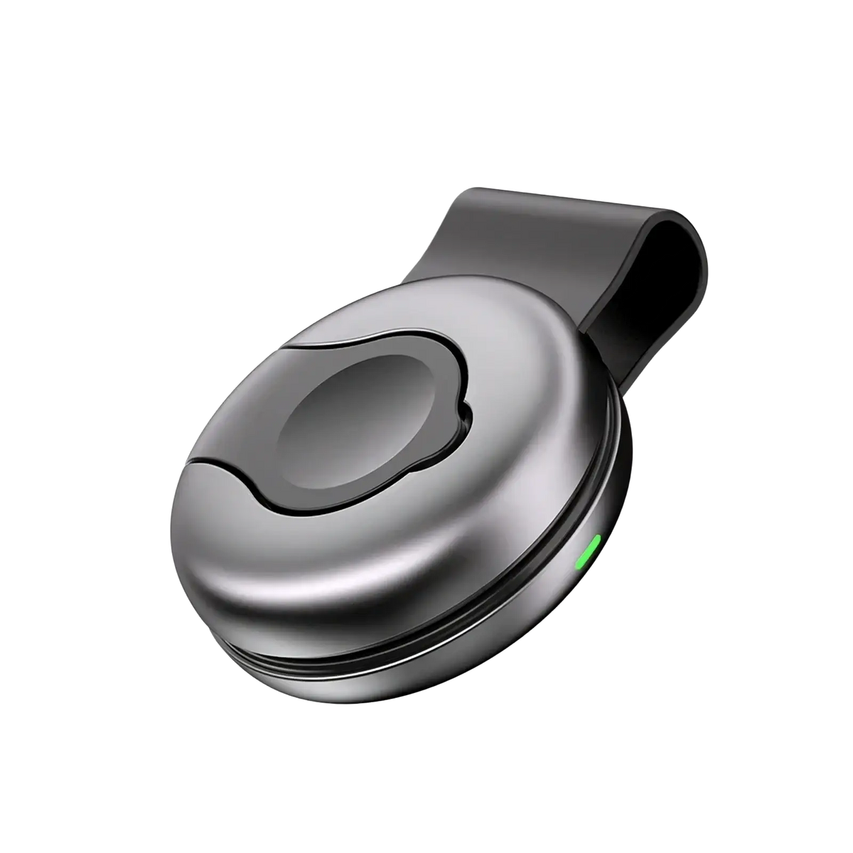 Foldable 3-in-1 magnetic wireless charger clip-on device in matte black and silver with green led indicator