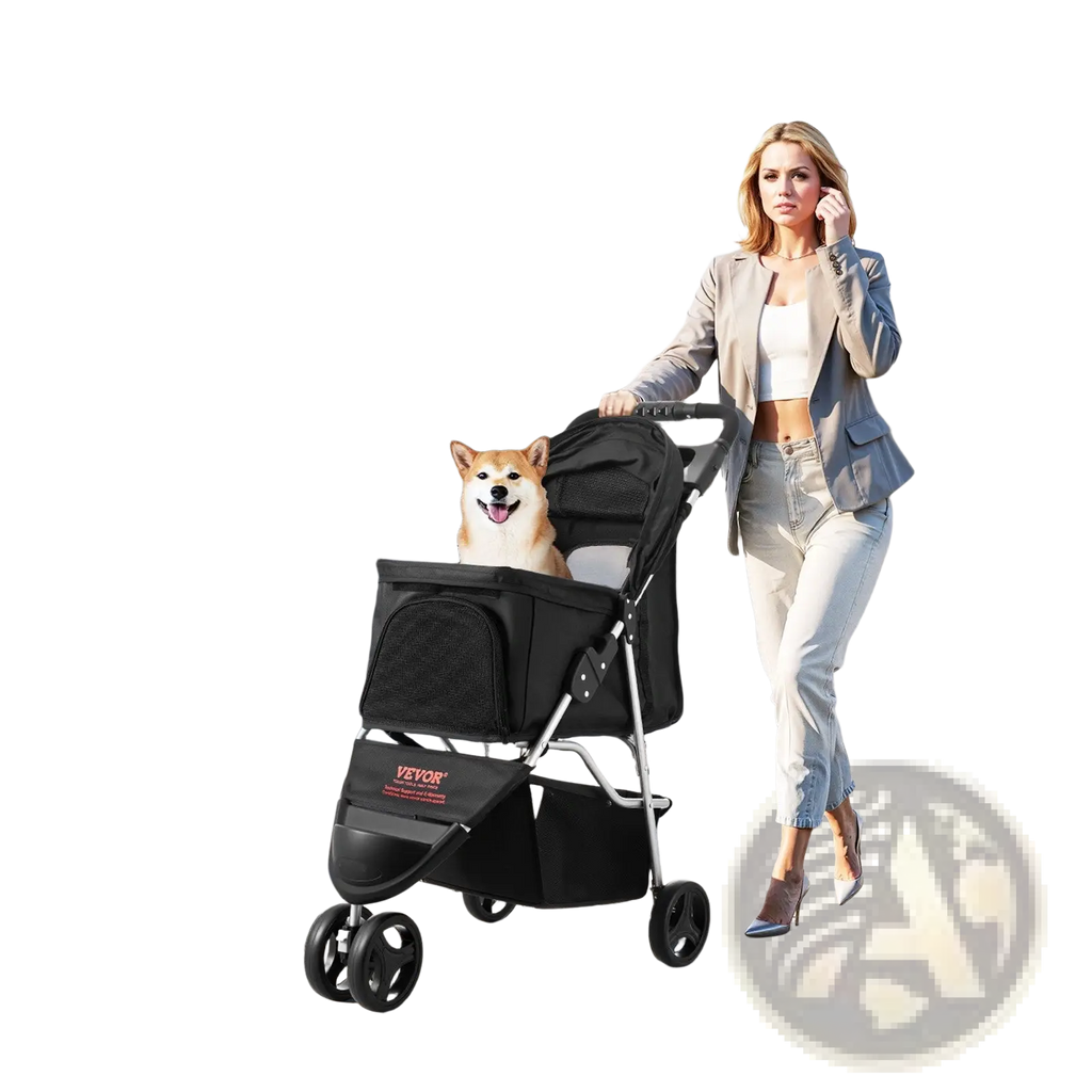 Black fabric foldable 3-wheel pet stroller with silver metal frame and four wheels for dogs up to 35 lbs