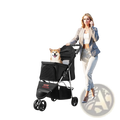 Black fabric foldable 3-wheel pet stroller with silver metal frame and four wheels for dogs up to 35 lbs