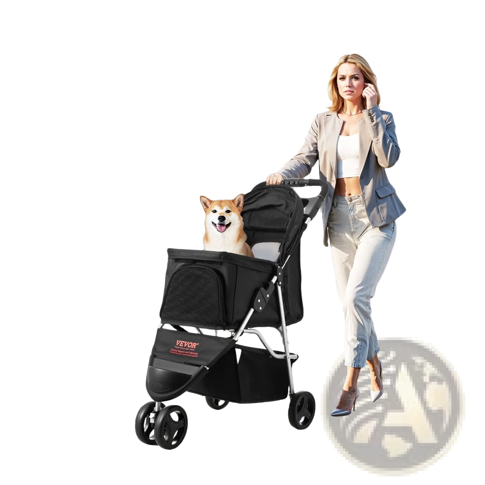Black fabric foldable 3-wheel pet stroller with silver metal frame and four wheels for dogs up to 35 lbs