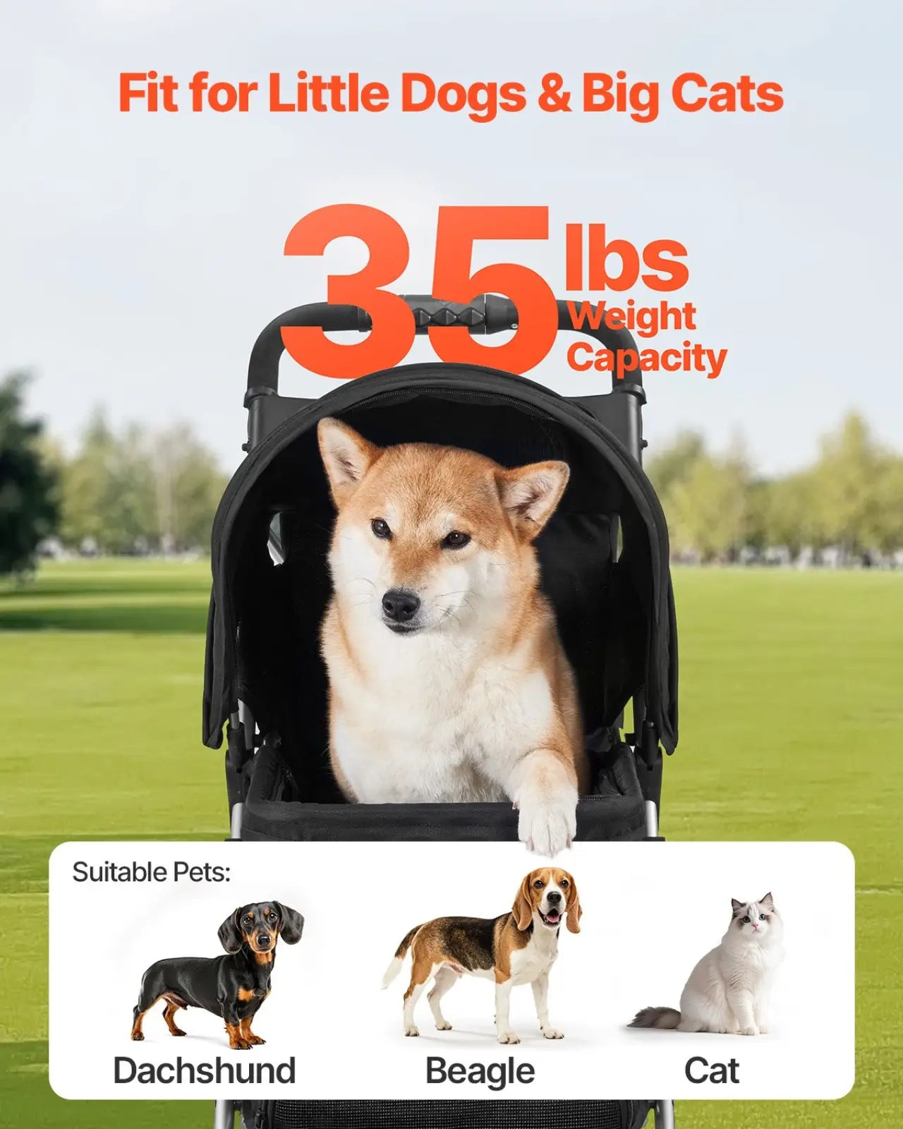 Black foldable 3-wheel pet stroller made of durable material with 35 lb capacity for small dogs and large cats