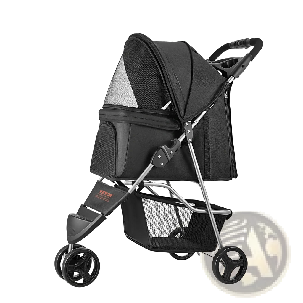 Foldable black 3-wheel pet stroller with mesh canopy and storage basket for dogs up to 35 lbs shown from back side