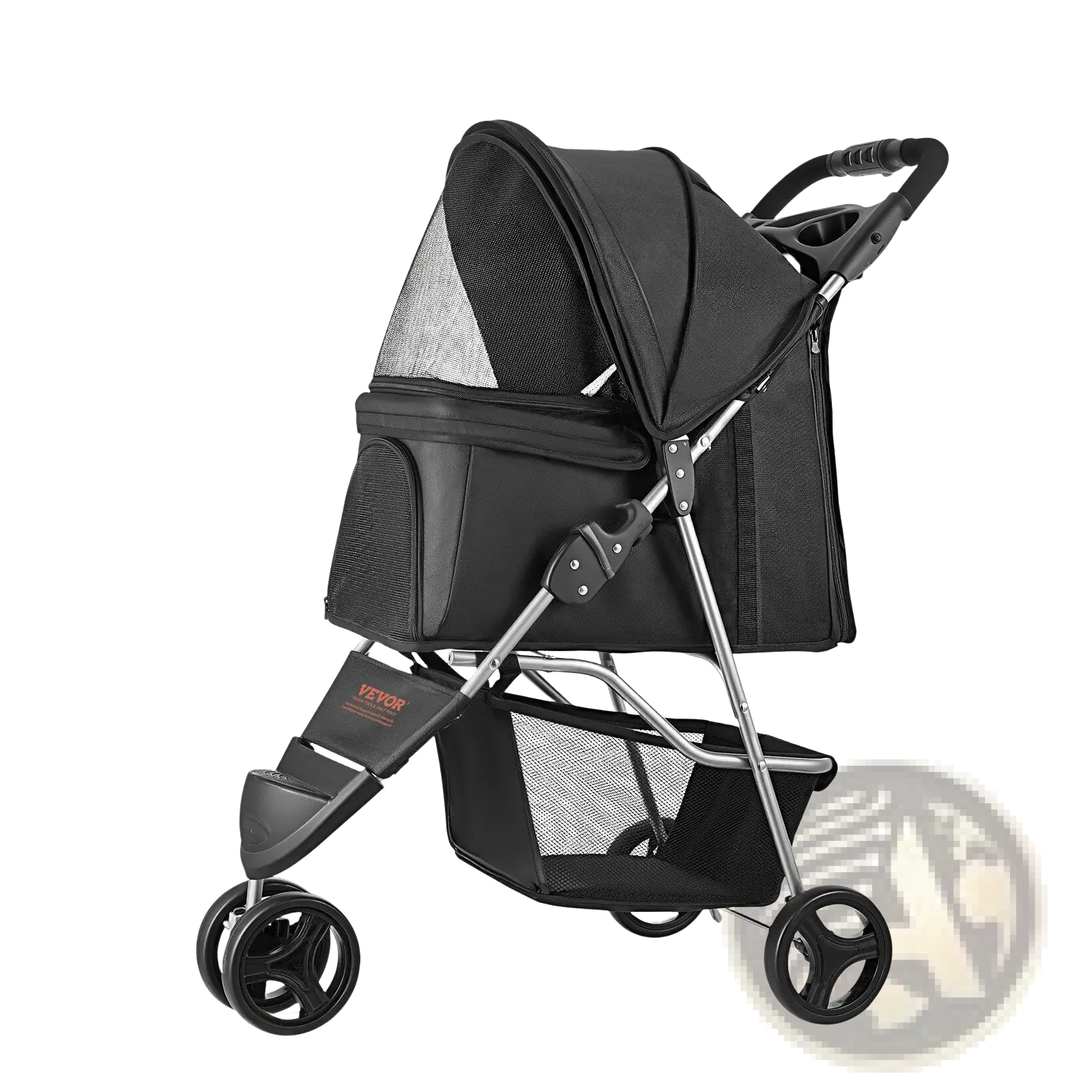 Foldable black 3-wheel pet stroller with mesh canopy and storage basket for dogs up to 35 lbs shown from back side