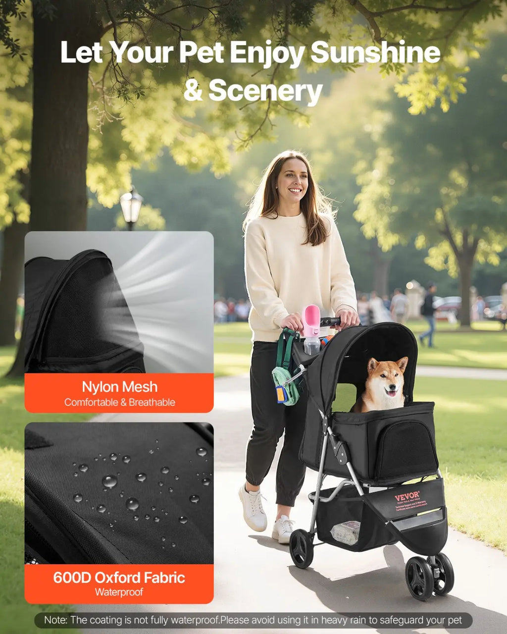 Black foldable 3-wheel pet stroller made of nylon mesh and 600d oxford fabric for dogs up to 35 lbs