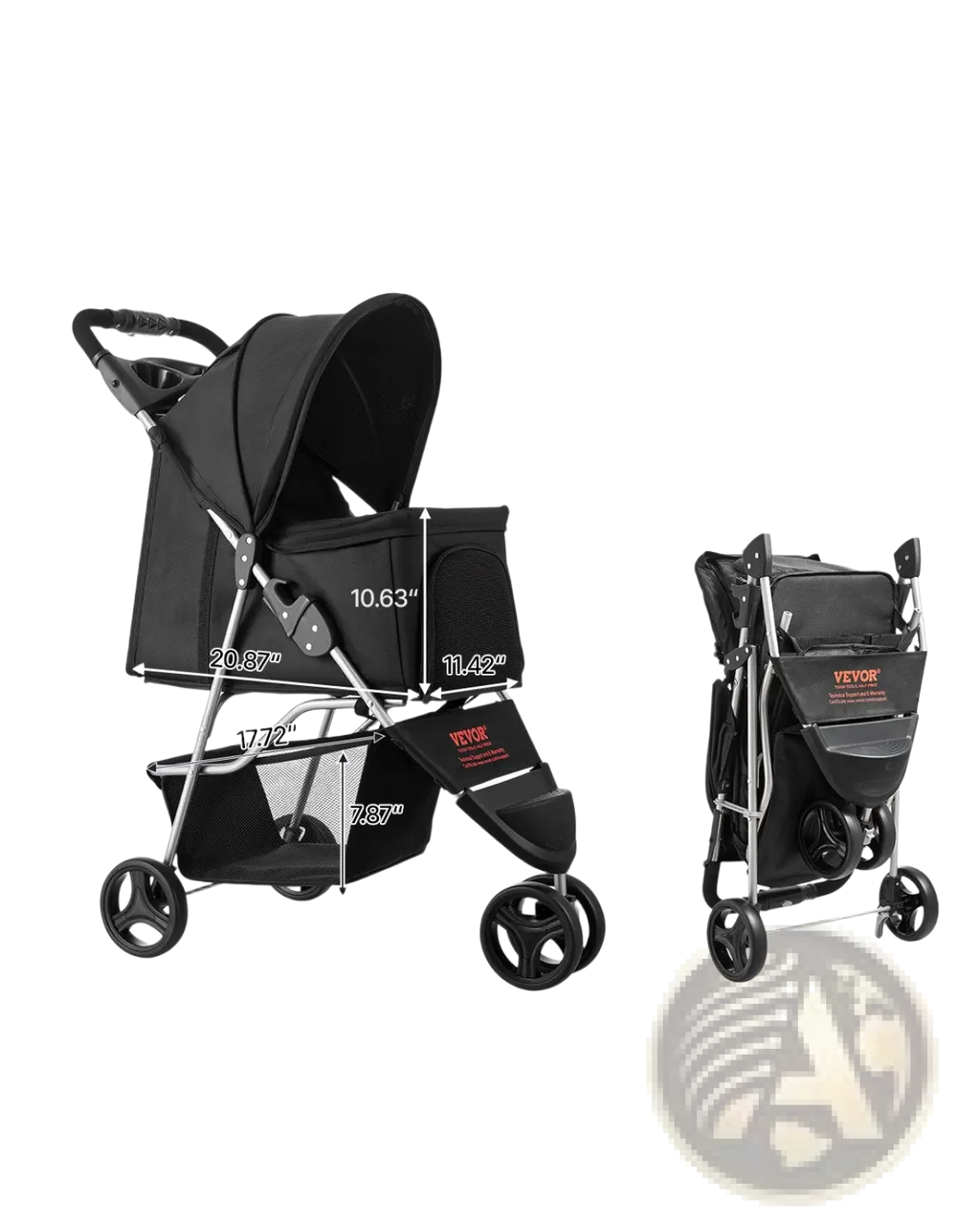 Black vevor foldable 3-wheel pet stroller with canopy and storage compartments for dogs up to 35 lbs