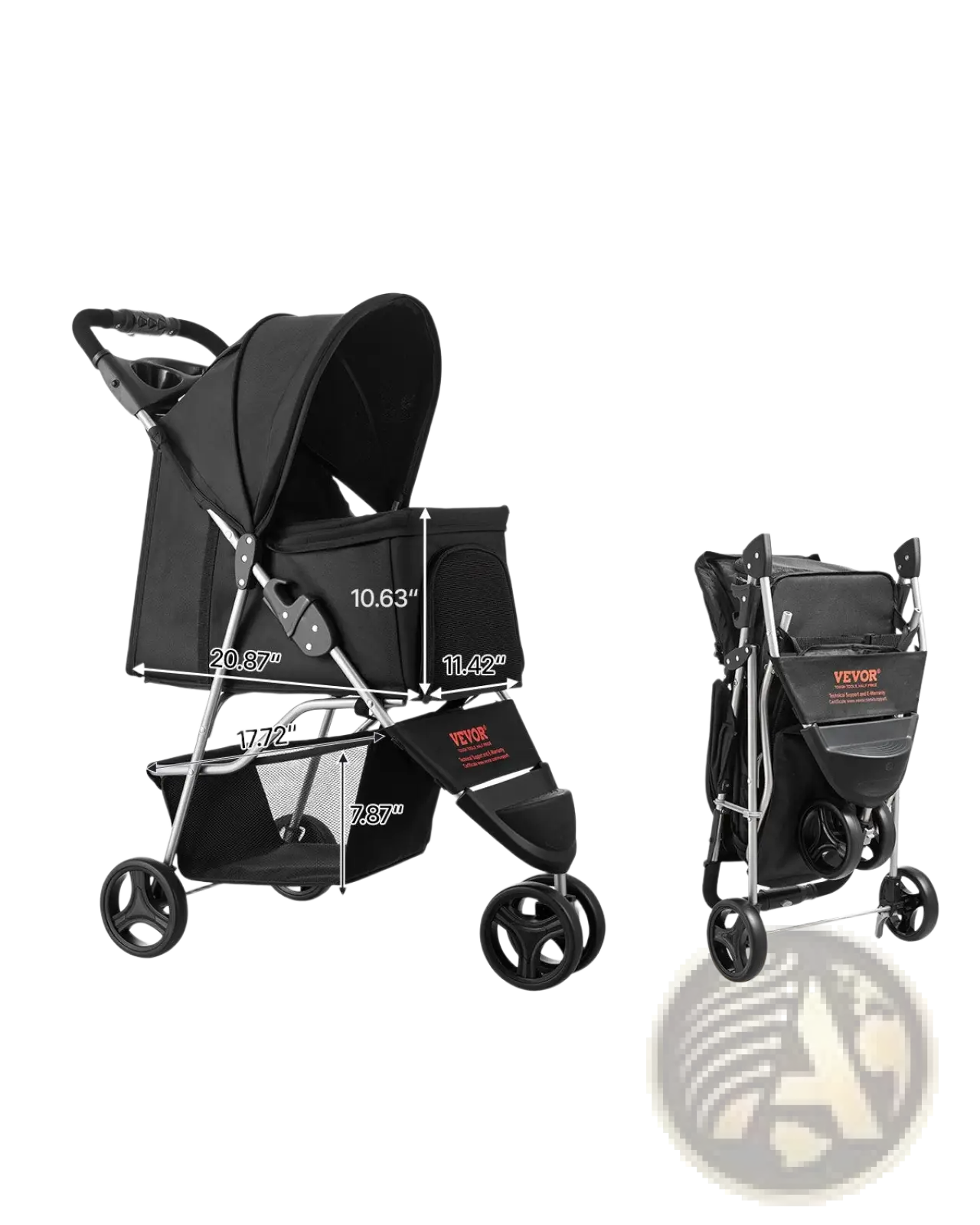 Black vevor foldable 3-wheel pet stroller with canopy and storage compartments for dogs up to 35 lbs