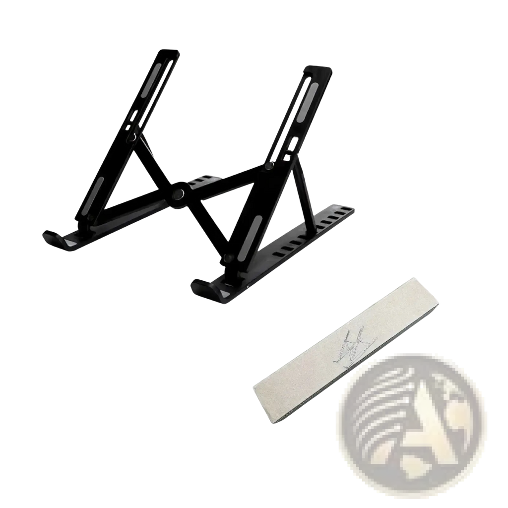 Black foldable adjustable laptop stand with 10 position settings and matching wrist rest for ergonomic use