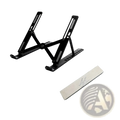Black foldable adjustable laptop stand with 10 position settings and matching wrist rest for ergonomic use