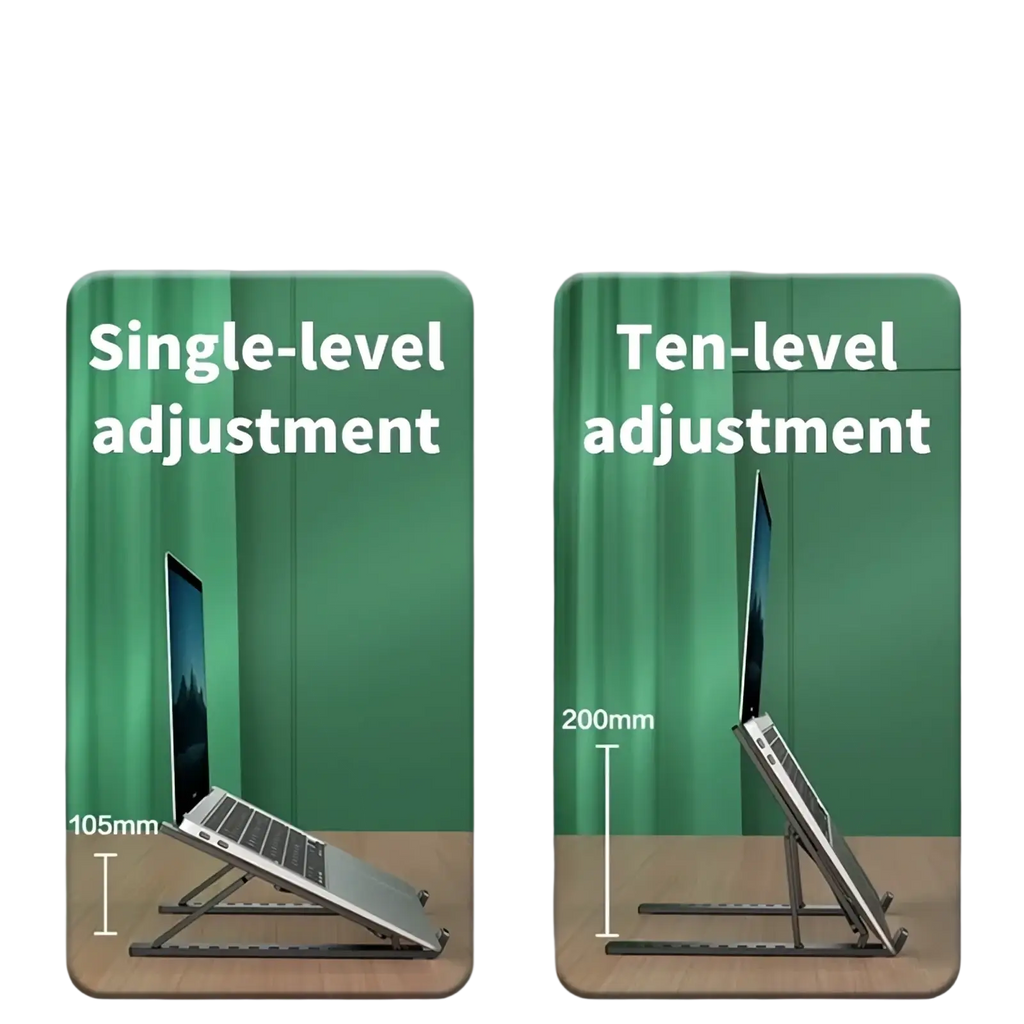 Foldable adjustable laptop stand with sleek metallic finish and foldable design offering ten-level height settings