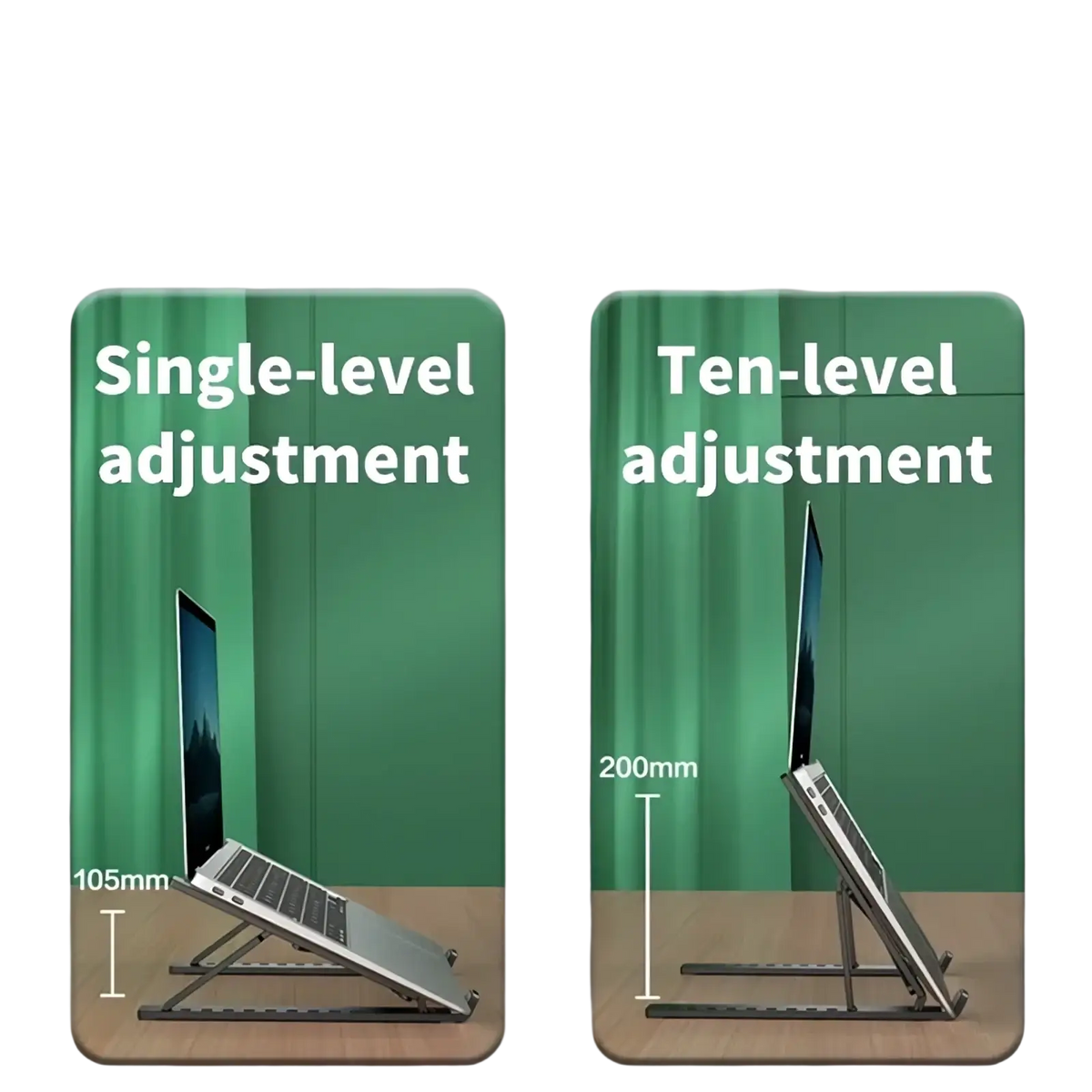 Foldable adjustable laptop stand with sleek metallic finish and foldable design offering ten-level height settings