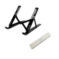 Black foldable adjustable laptop stand with 10 position settings and matching wrist rest for ergonomic use