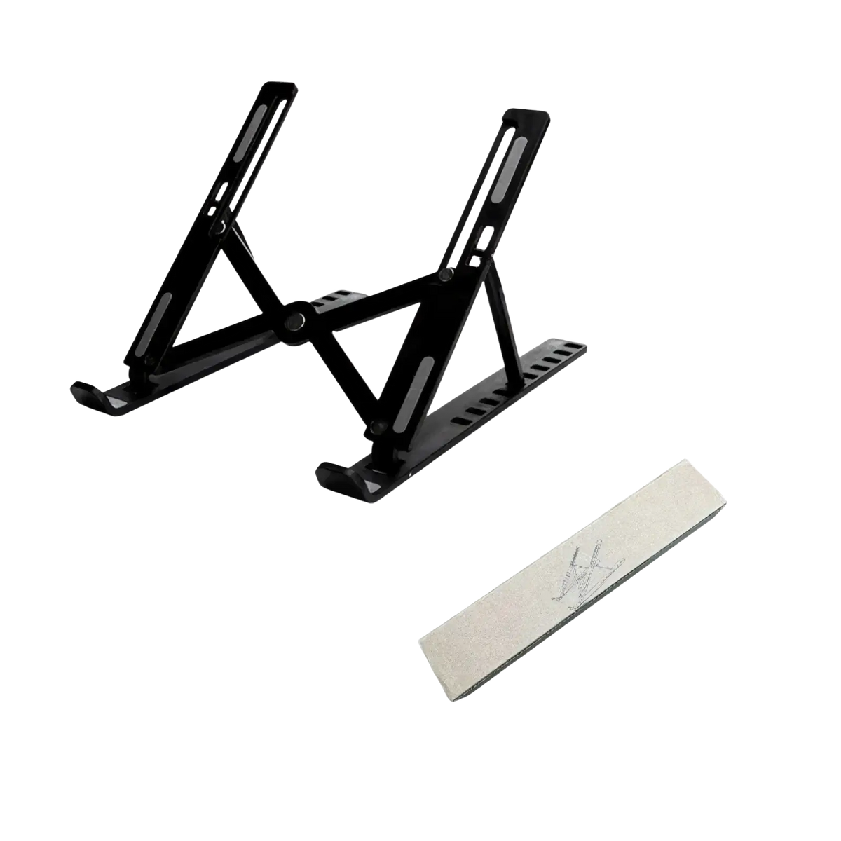 Black foldable adjustable laptop stand with 10 position settings and matching wrist rest for ergonomic use