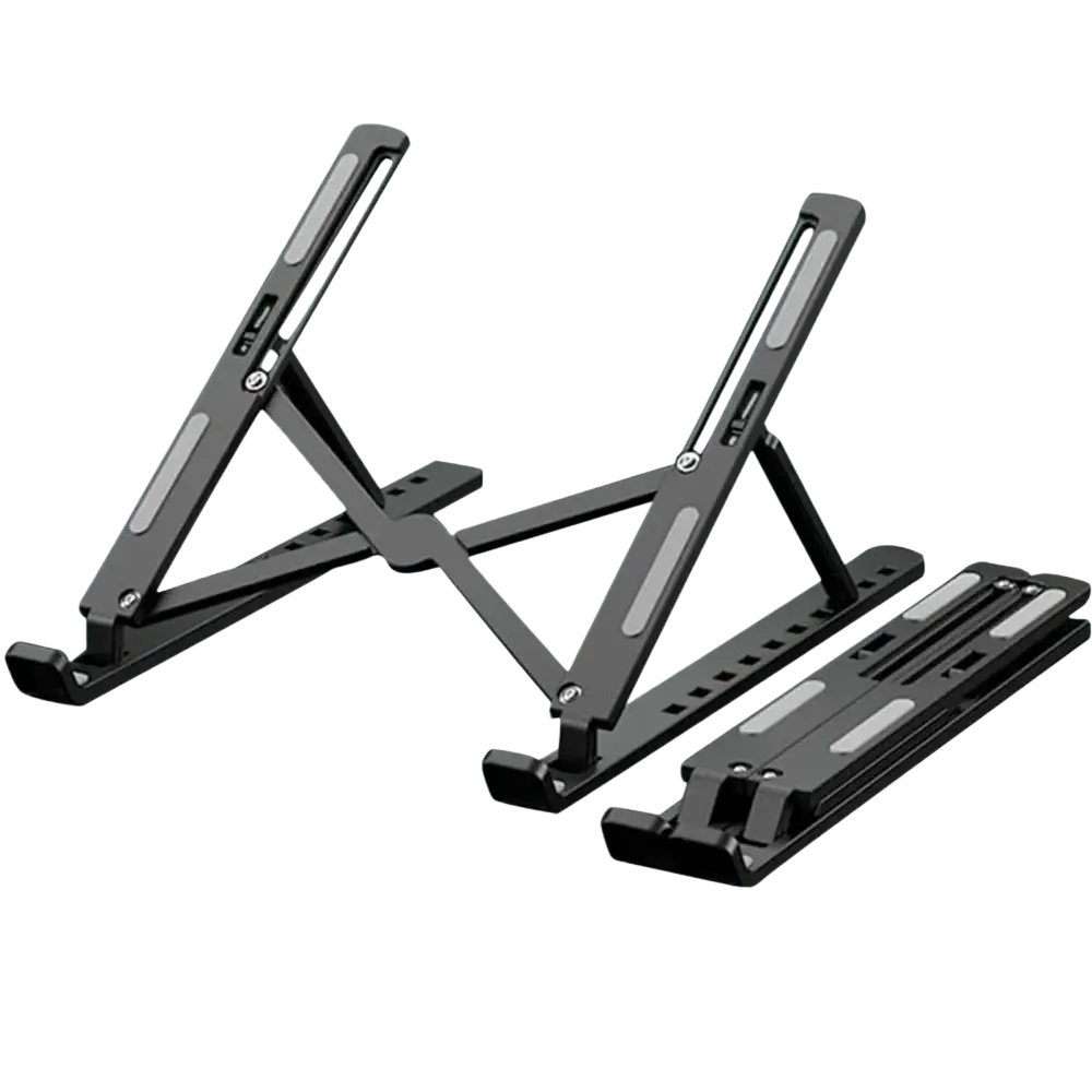 Black Maerknon foldable adjustable laptop stand made of ABS plastic with 10 height settings viewed from the back side