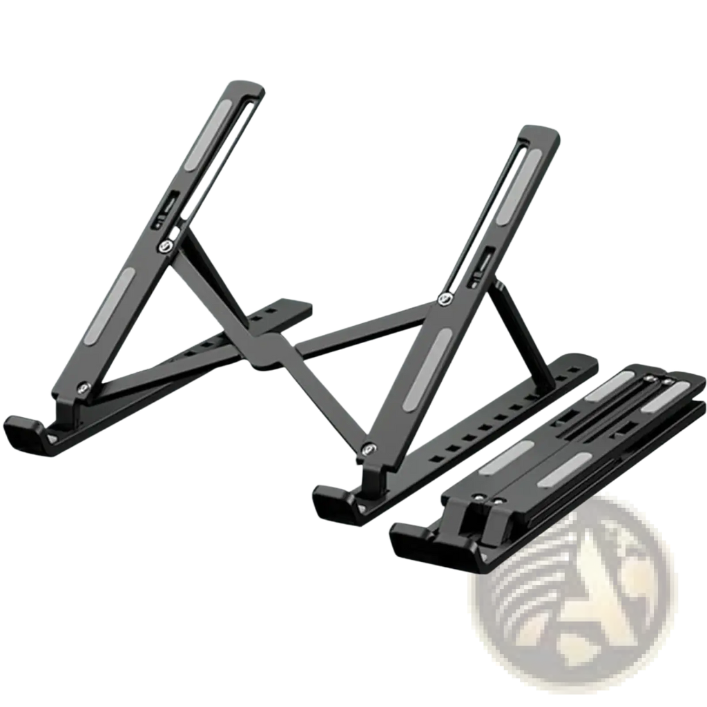 Black Maerknon foldable adjustable laptop stand made of ABS plastic with 10 height settings viewed from the back side