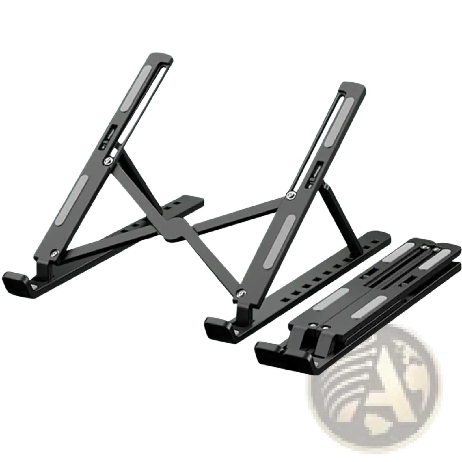 Black Maerknon foldable adjustable laptop stand made of ABS plastic with 10 height settings viewed from the back side