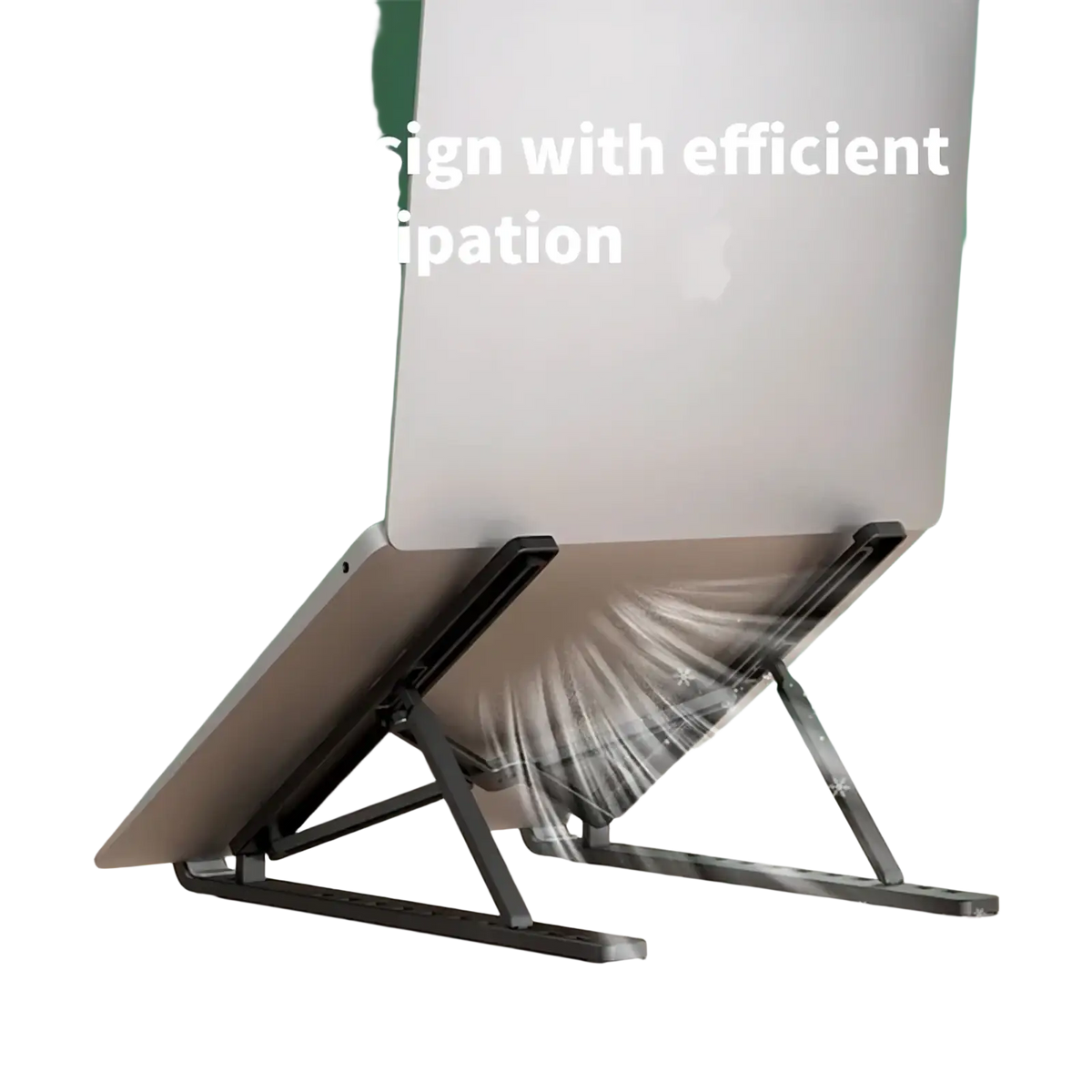 Black metal foldable adjustable laptop stand with open design for efficient heat dissipation and ergonomic use