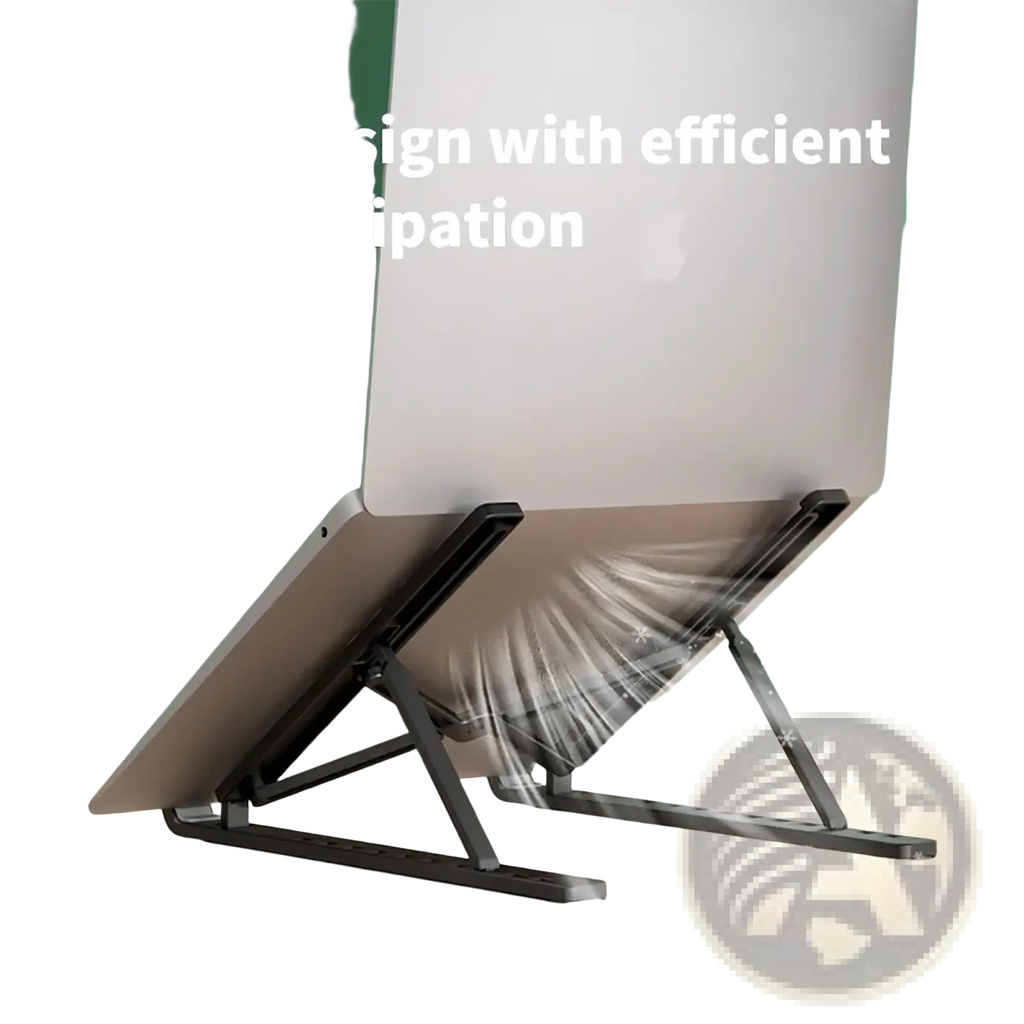 Black metal foldable adjustable laptop stand with open design for efficient heat dissipation and ergonomic use