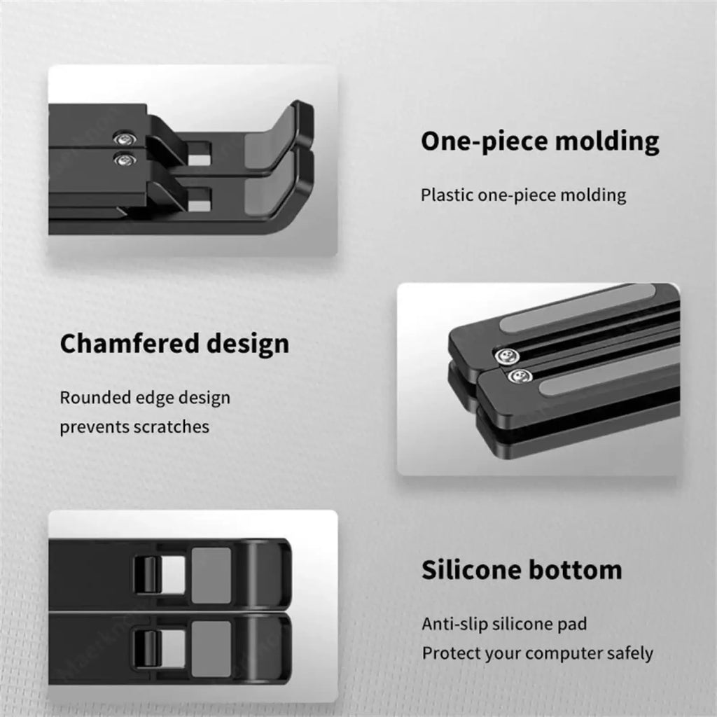 Black plastic foldable adjustable laptop stand with silicone bottom and chamfered edges for stable use