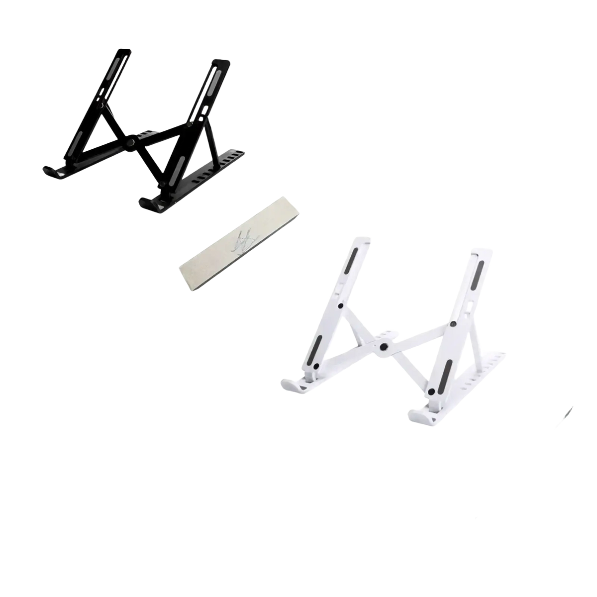 Black and white foldable adjustable laptop stands with matching wrist rests for ergonomic workspace setup
