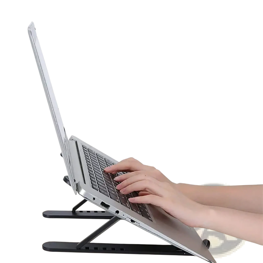 Black foldable adjustable laptop stand ergonomic holder with height and angle support for comfortable typing posture