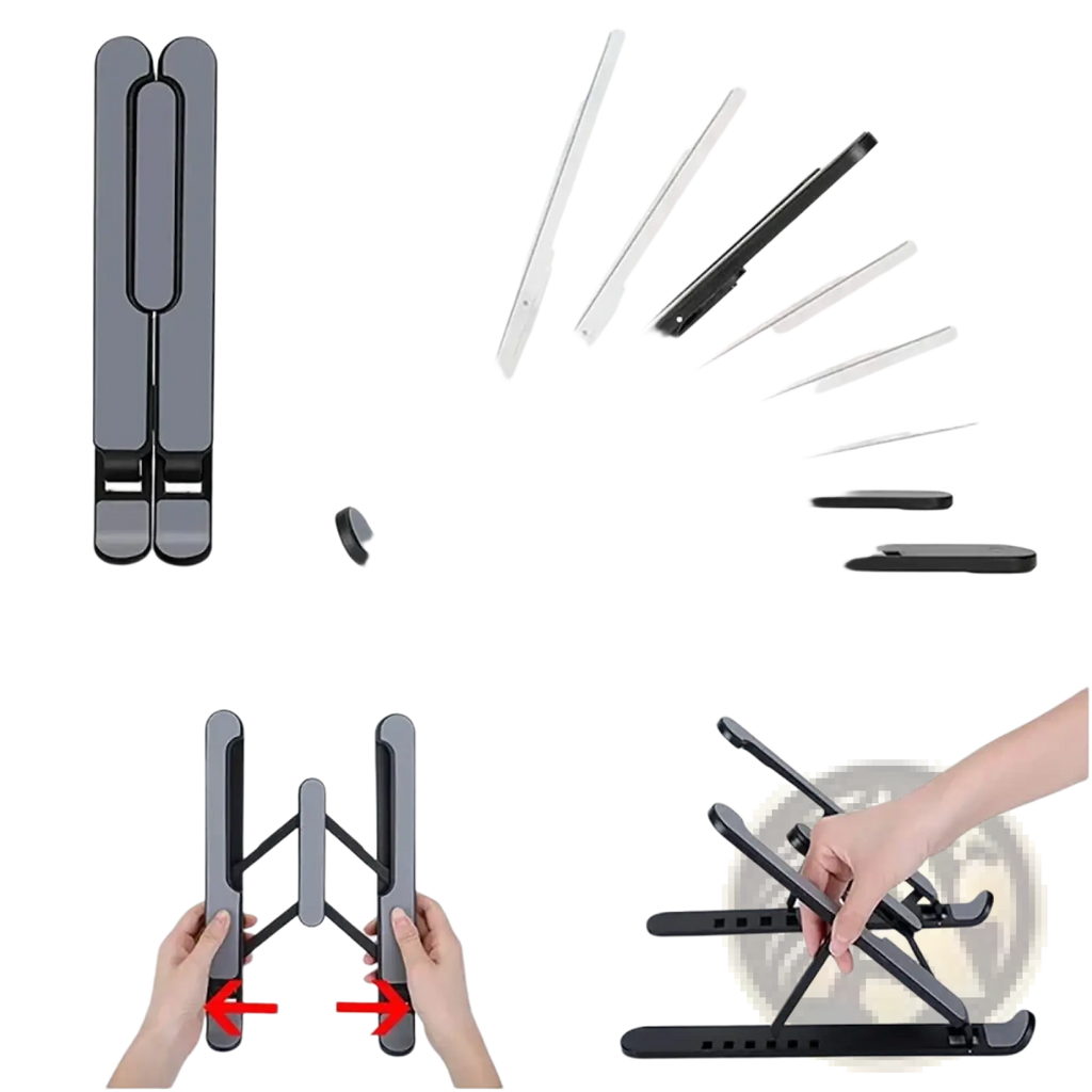 Black foldable adjustable laptop stand ergonomic holder with multiple height and angle settings for ergonomic use